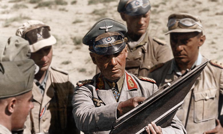 Erwin Rommel, Fritz Bayerlein, and other German and Italian officers in North Africa, 22 June 1942