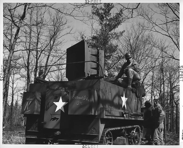 M3A1 half-track with the 500-pound speaker, capable of projecting sounds as far as 15 miles.