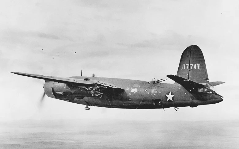 Martin B-26B-1-MA (S/N 41-17747) nicknamed "Earthquake McGoon" of the 37th Bombardment Squadron, 17th Bombardment Group with flak damage to the No. 1 engine nacelle, left-wing, and wheel well, in September 1943. Note the missing landing gear doors