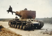 Soviet KV-2 with soldier sitting on its 152mm main gun, Eastern Front 1941