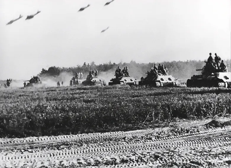 Soviet T-34 tanks are on the march 30 km from Belgorod, heading for the Prokhorovka station, where a few days later, on July 12, 1943, one of the largest battles in military history with the use of armored forces will take place - the battle of Prokhorovka, part of the defensive phase of the battle on the Kursk Bulge