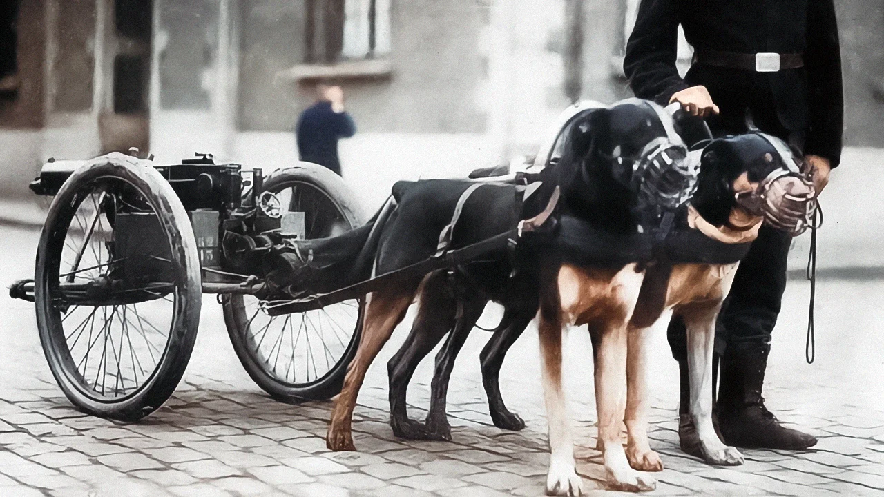 Belgian war dogs trained to draw quick-firing guns, 1915