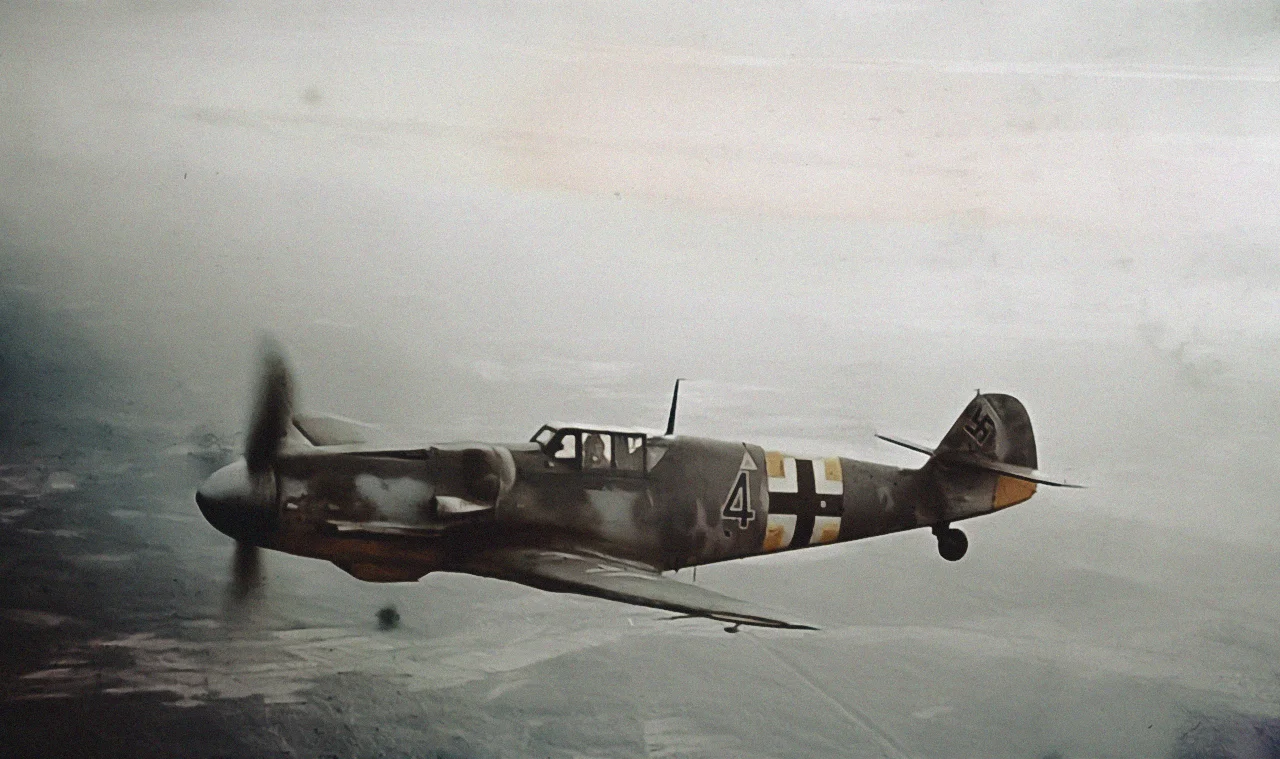 A Messerschmitt Bf 109 fighter plane of the Luftwaffe in flight