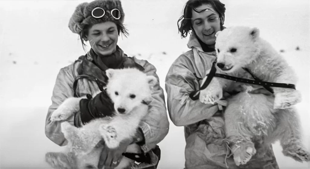 Corporal Hannes Semkat (left) and Private Josef Reyer with two polar bear cubs in Svalbard, 22 April 1945