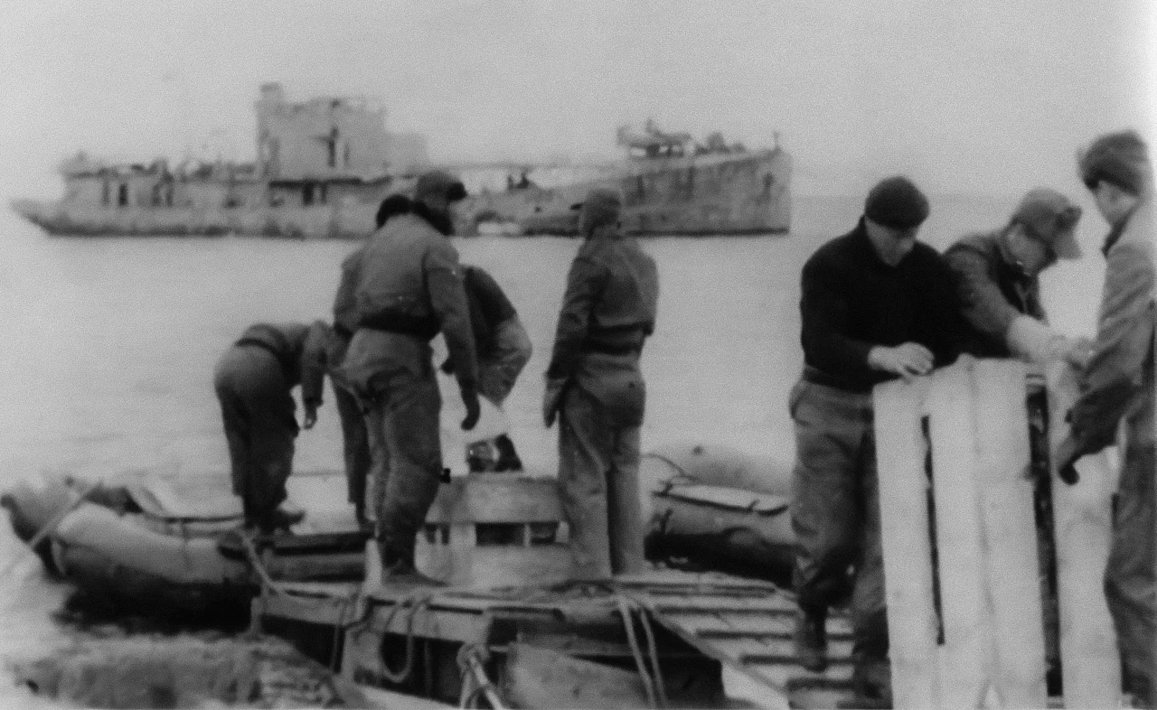 German soldiers unloading supplies and equipment in Wordie Bay on Northeast Land, Operation Haudegen, September 1944