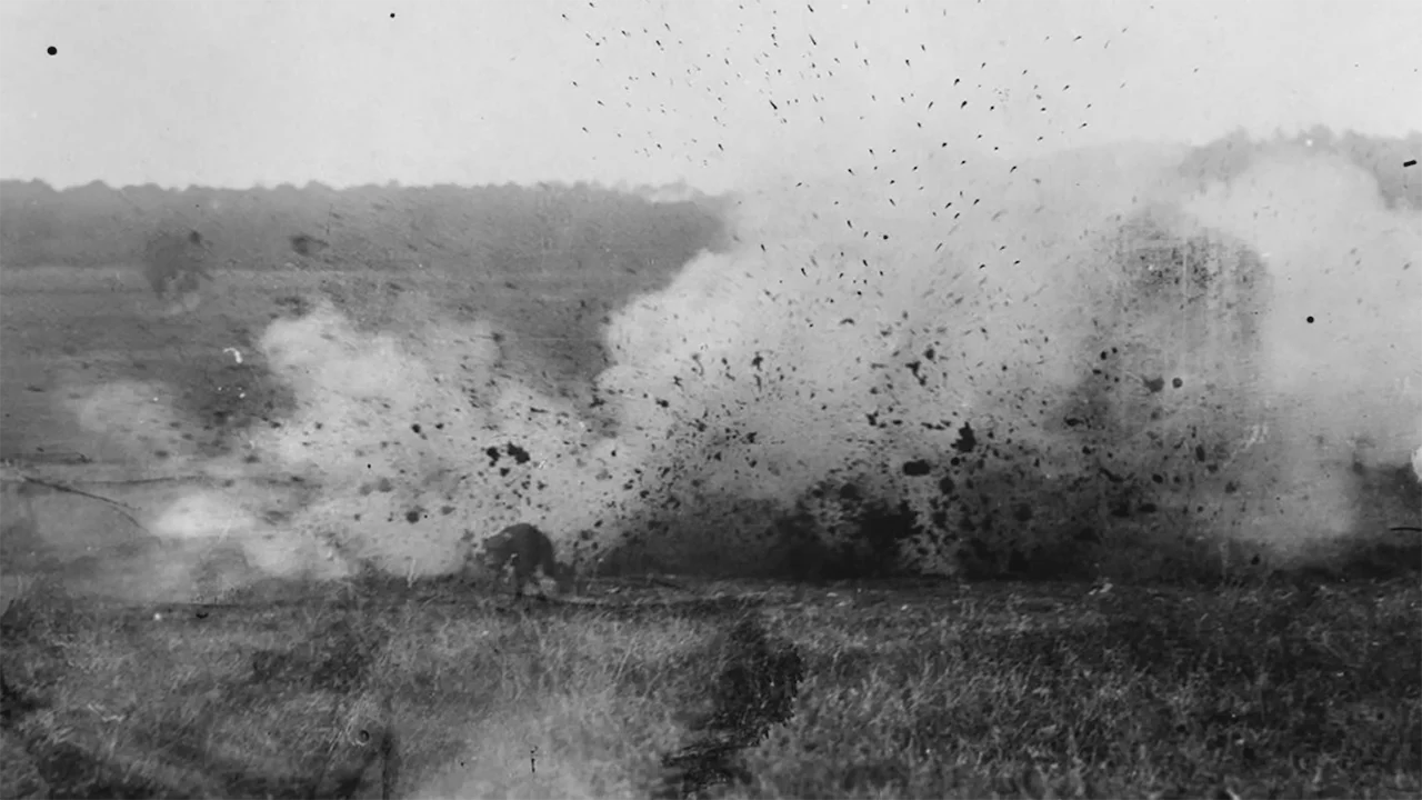 A war dog running away from the explosion on the battlefield